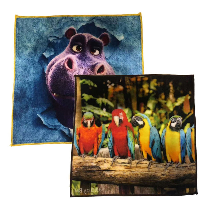 A Face Washer featuring a blue and purple hippo design on one side and colourful parrots on the other, with a logo.