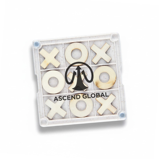 A Tic Tac Toe board game coaster with a clear base featuring wooden X and O pieces and a logo in the centre.