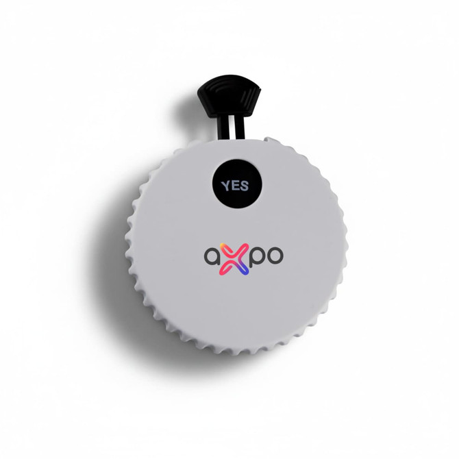 A drink bottle opener in white with a black pull tab and a logo on the front.