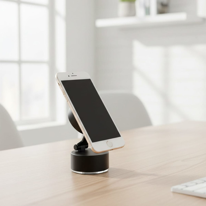 A black adjustable magnetic mobile stand holding a smartphone on a wooden desk, with a bright, sunlit background.