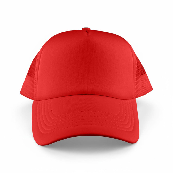 A red Classic 5 Panel Trucker Mesh Cap with a solid front and mesh sides, featuring a logo.