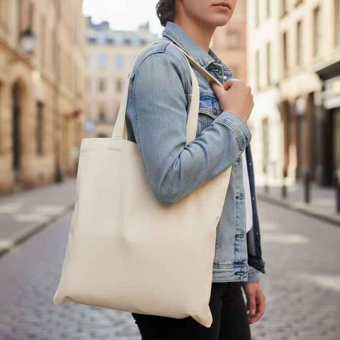 A person wearing a denim jacket holds a cream-coloured recycled cotton tote bag on a cobblestone street.