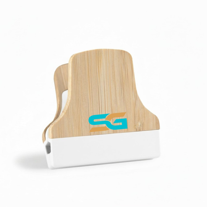 A bamboo fridge magnet clip with a white base and a logo on the front.