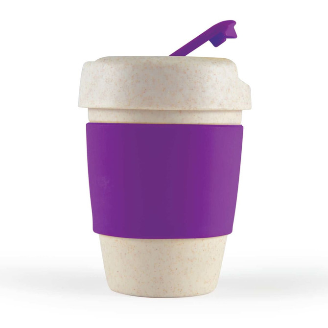 A reusable coffee cup in a beige color with a purple silicone band and lid. It features a logo.