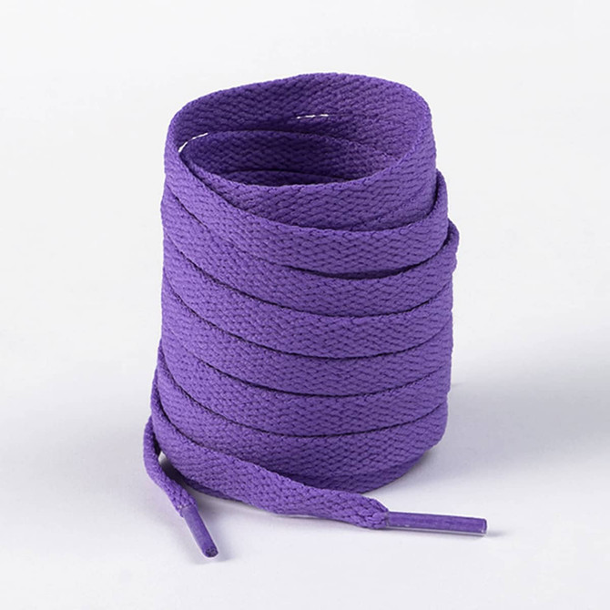 A bundle of purple shoelaces neatly coiled, showcasing a textured fabric design.