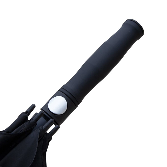 A black umbrella handle with a smooth grip and a white button, featuring an attached black canopy.