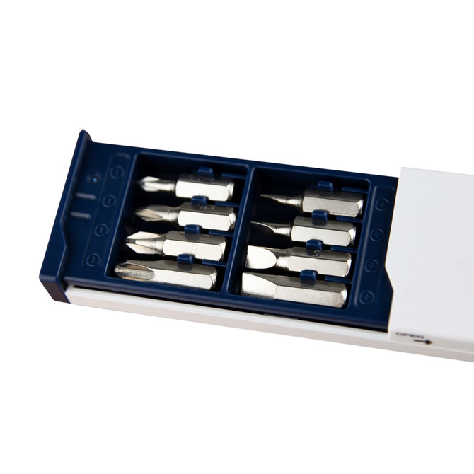 A Screwdriver Tape Measure featuring a white casing with a blue drawer, containing eight metal screwdriver bits.