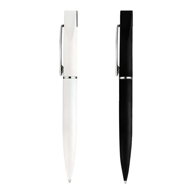 A pair of pens in matte black and matte white, each featuring a silver clip and a sleek design.