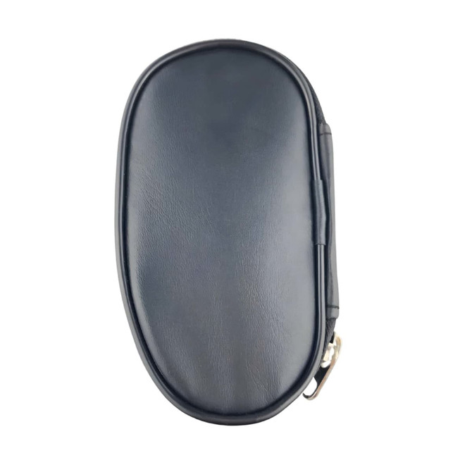 A navy zipped case featuring a smooth exterior, designed to hold nine brushes. It includes a logo on the surface.