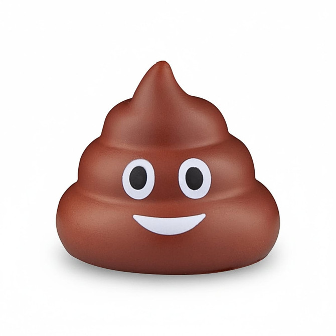 A brown, smiling poop-shaped stress ball with wide eyes, featuring a simple, cartoonish design.
