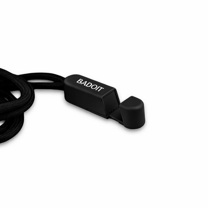 A black phone holder lanyard with a logo. The design includes a clip and sturdy cord for securing devices.