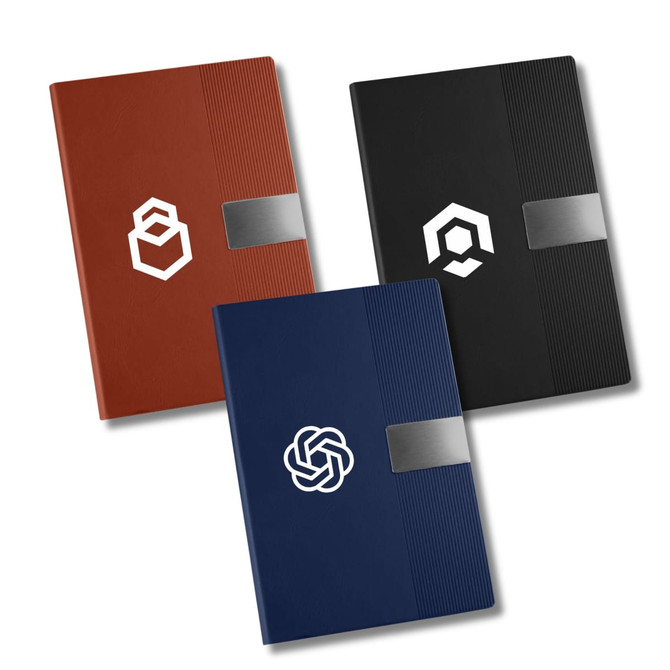 Three A5 notebooks in brown, black, and dark blue, each with a logo and a textured design on the cover.