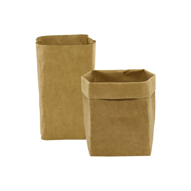 Two medium kraft paper storage bags in a natural brown colour with a folded top. One bag has a square shape.