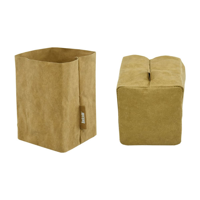 A small storage bag made of kraft paper, featuring a simple design in a light brown colour with a logo.