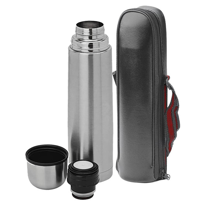A drink bottle in silver with a black lid and cup, packaged in a grey carrying case. Features a logo.