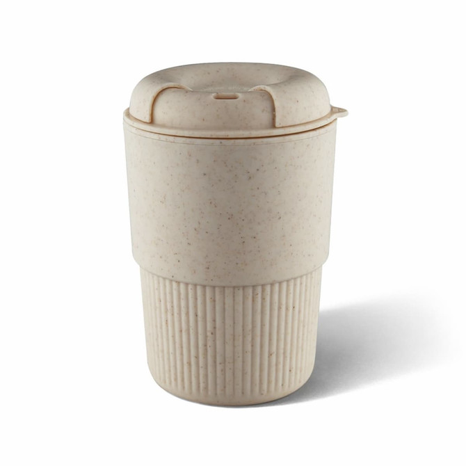A drink bottle in a beige eco-friendly material with a ribbed base and a lid, featuring a logo.