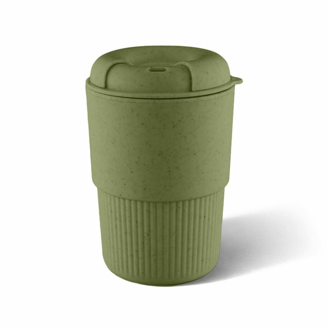 A drink bottle in a muted green colour with a textured ribbed base and a lid, featuring a logo.