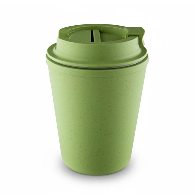 A drink bottle in a light green colour, resembling a takeaway cup, with a flip lid and a logo.