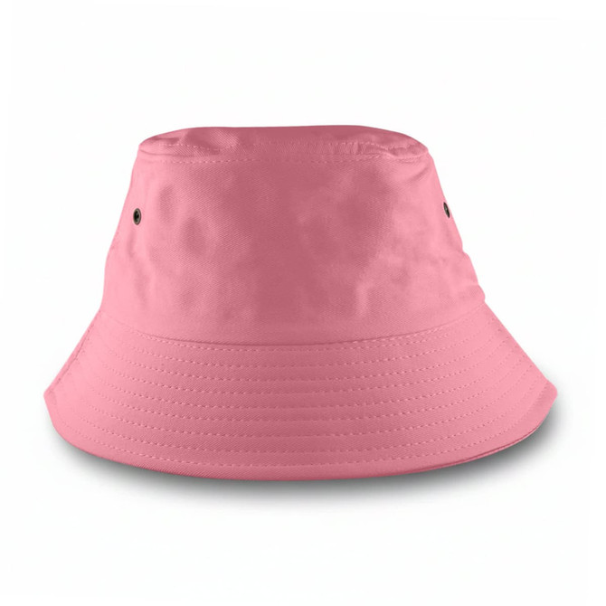 A pink bucket hat with a simple design and ventilation eyelets, featuring logo branding.