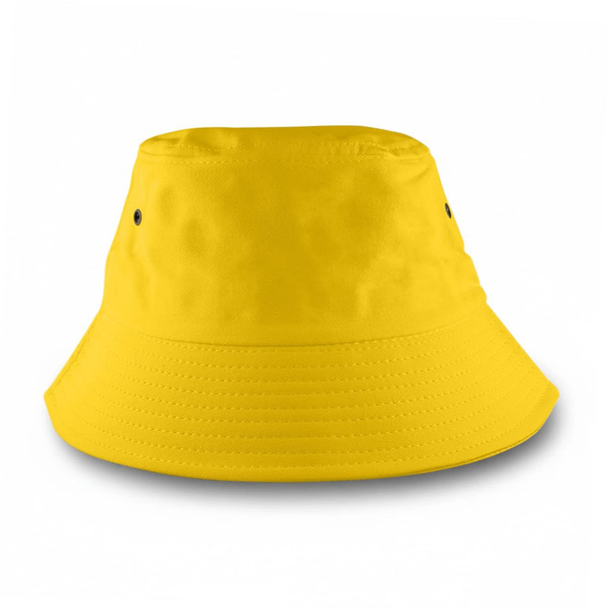 A yellow bucket hat with a wide brim and ventilation holes. It has a smooth texture and a simple design.