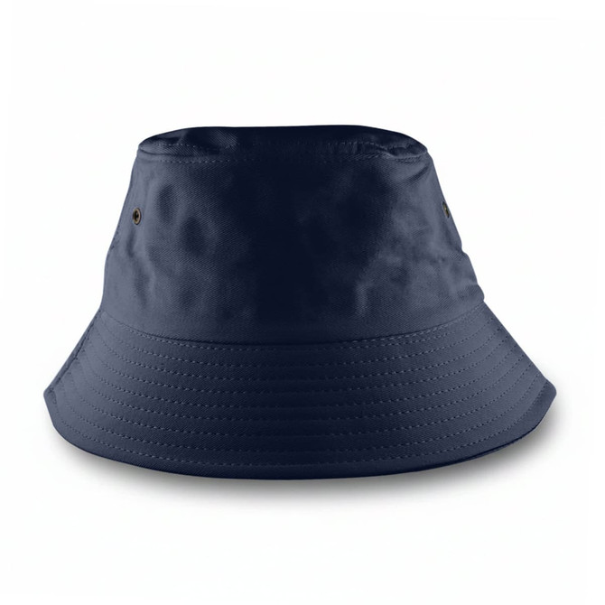 A navy blue bucket hat with a wide brim and a logo. Suitable for casual wear or outdoor activities.