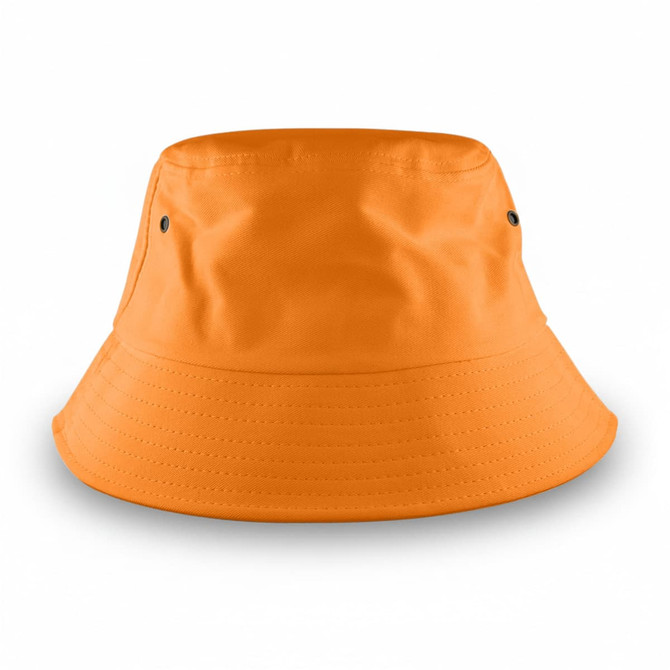 An orange bucket hat with a wide brim, featuring ventilation holes and an inner band. It has a logo on it.