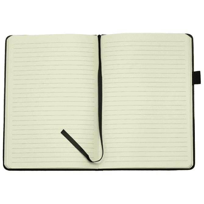A black A5 notebook with recycled paper, featuring lined pages and a ribbon bookmark.