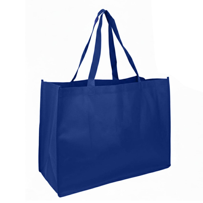 A large reusable grocery bag in solid blue with dual handles and a branding logo.