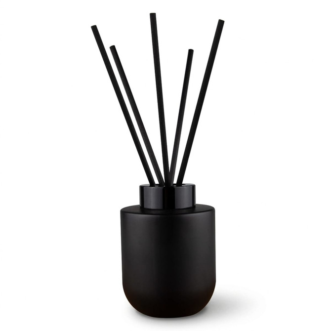 A black botanical reed diffuser with five black reeds, designed for fragrance dispersal.