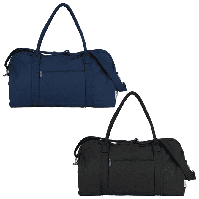 Recycled canvas duffel bags in navy blue and black, featuring dual handles and an adjustable shoulder strap.