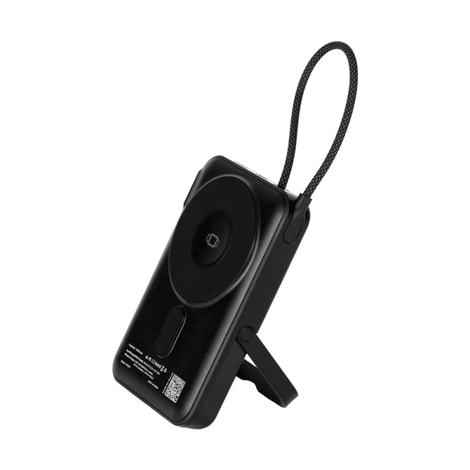 A black Eclipse Magnetic Power Bank with a stand and a strap, featuring a logo on the back.