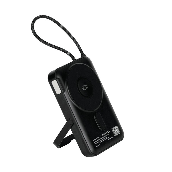 A black magnetic power bank with a strap, featuring a stand and branding. It has a smooth finish and compact design.