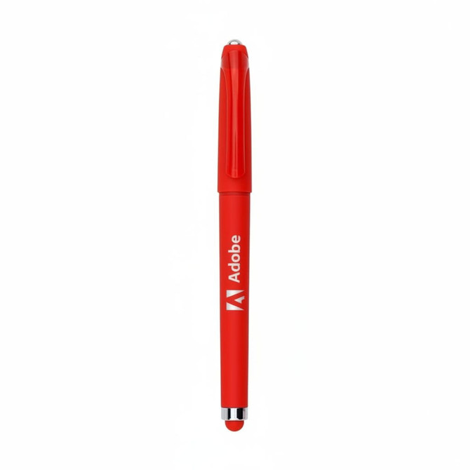 A red gel pen featuring a logo and a stylus tip at the end.