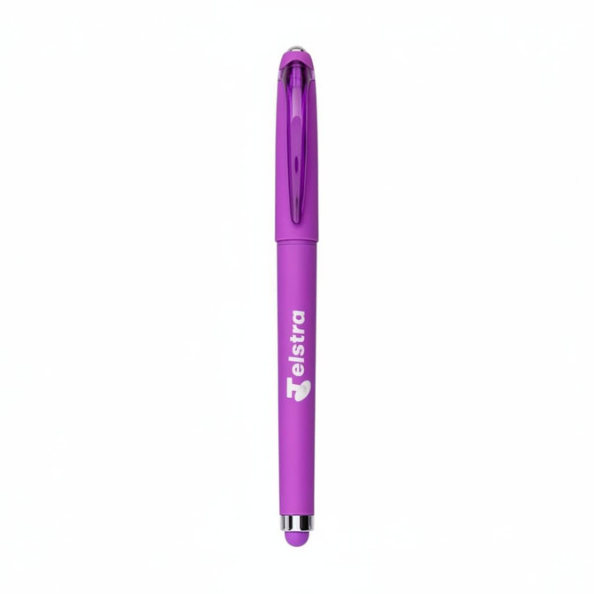 A purple fidget gel pen with a clip and a logo. The pen features a smooth design and a rounded tip.