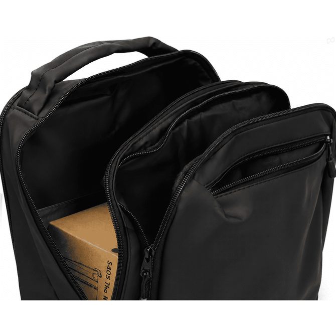 A black soft PU backpack with multiple zippered compartments and a visible interior box.
