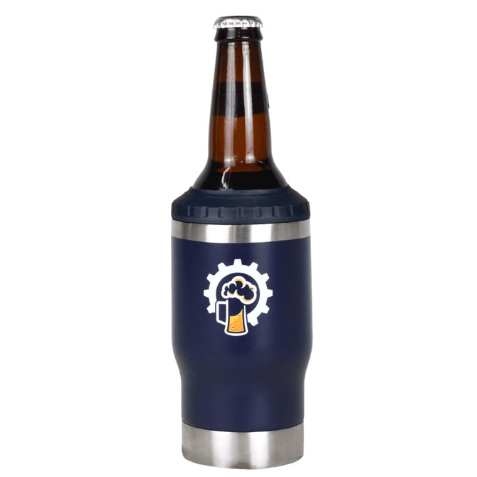 A drink bottle in navy blue with a stainless steel bottom, designed to hold a beer bottle, featuring a logo.
