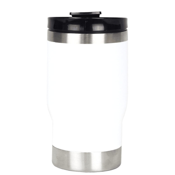 A drink bottle in white and stainless steel, featuring a black lid and a smooth design. It has a logo visible on the side.