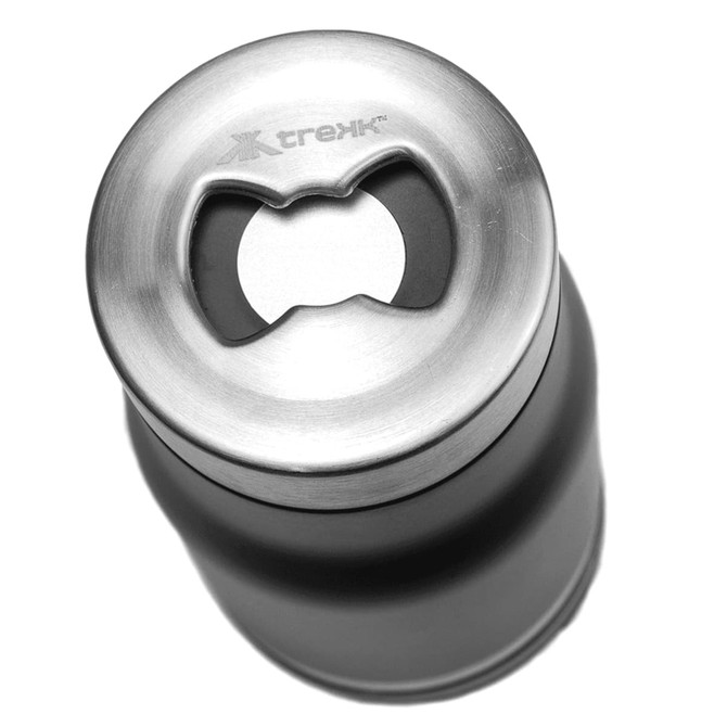 A drink bottle featuring a stainless steel top and a sleek black body, designed as a 2-in-1 tumbler cooler with a logo.