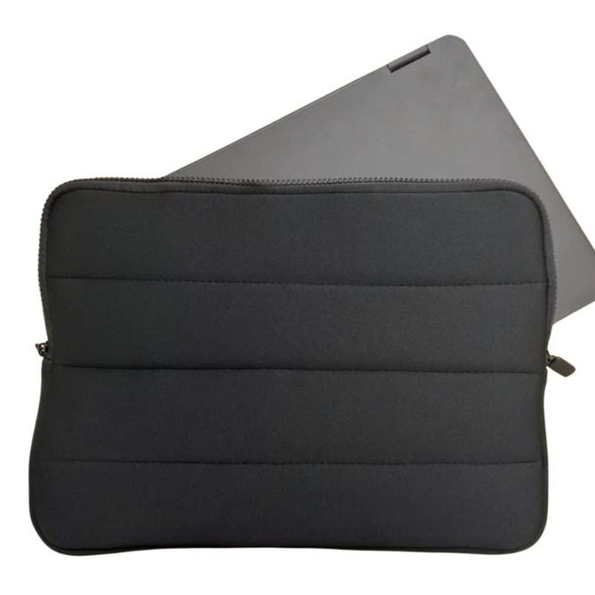 A black neoprene laptop sleeve with a textured design, featuring a zipper and a laptop partially inserted.