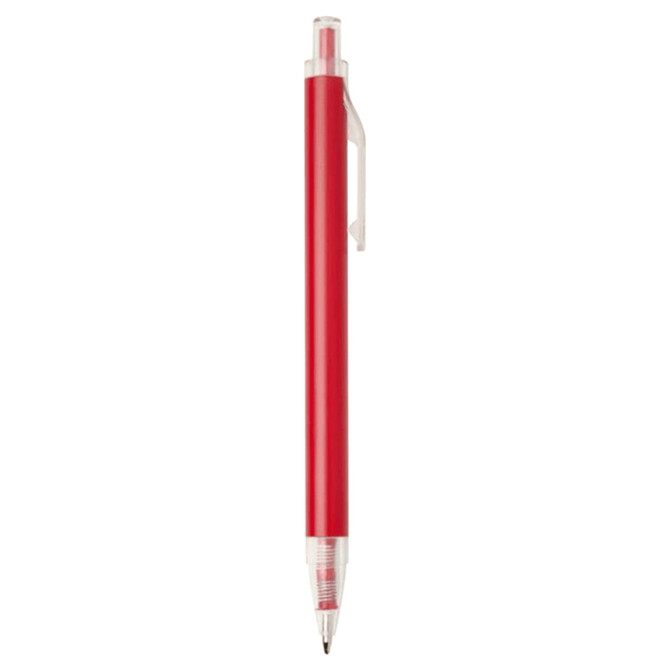 A red recycled aluminium ballpoint pen with a transparent barrel and clip. It features a logo on the barrel.