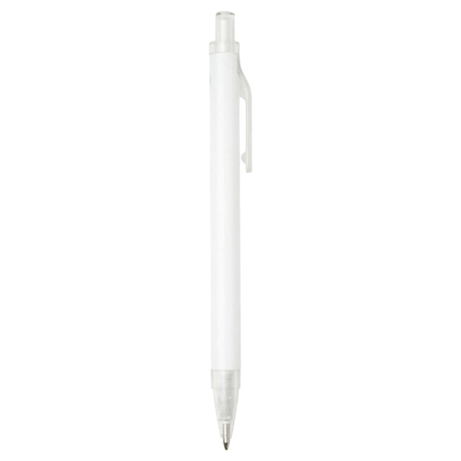 A recycled aluminium ballpoint pen in white, featuring a transparent grip section and a clip. It has a logo on its surface.