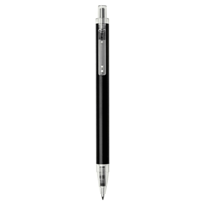 A black recycled aluminium ballpoint pen with a silver clip and accents, featuring a logo on its barrel.