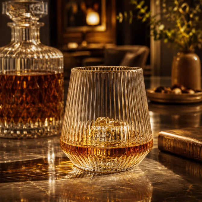 A drink glass with a ridged texture, filled with amber liquid, sits on a marble surface beside a crystal decanter.