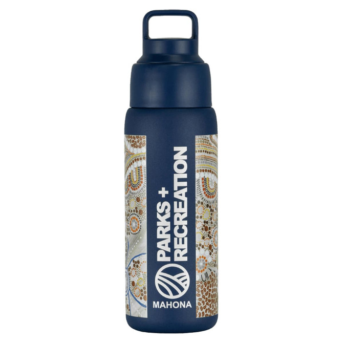 A drink bottle featuring a navy blue design with intricate patterns and a logo. It has a convenient handle.