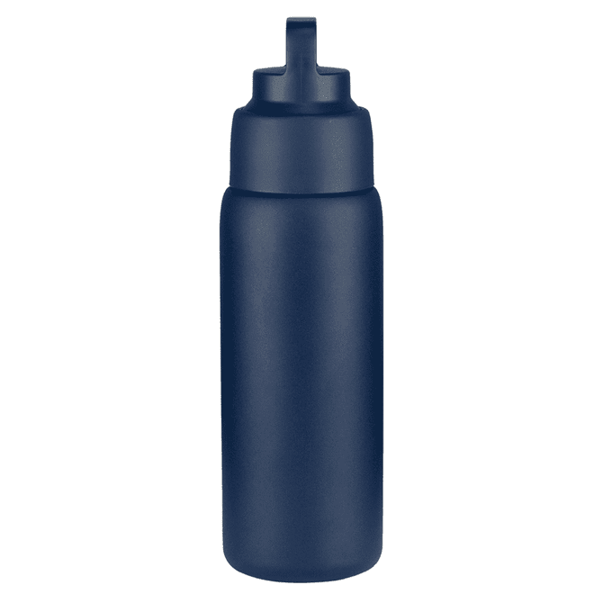 A drink bottle in navy blue, featuring a sleek design and a flip-top lid. Includes a logo on the side.