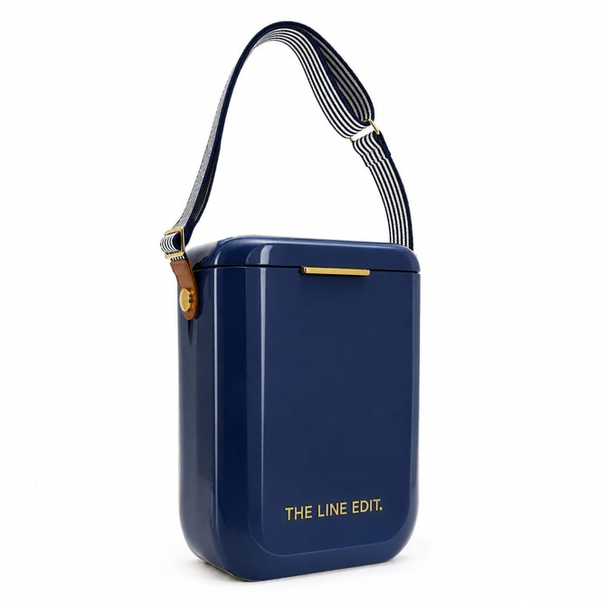 A navy blue cooler with a striped strap and a small logo. It has a sleek, rectangular design.