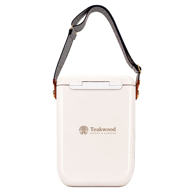 A Pavilion cooler in white with a striped shoulder strap and a logo. Compact design for easy carrying.