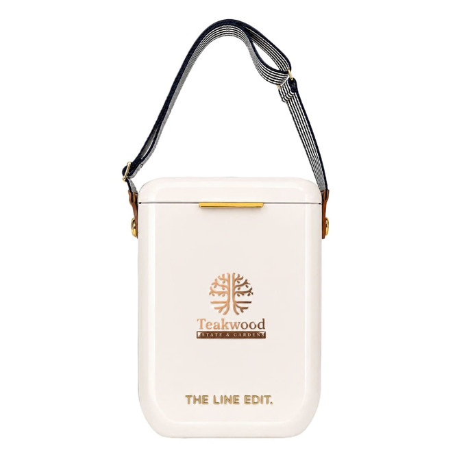 A rectangular white cooler bag with a shoulder strap and a logo. It features a gold accent on the closure.