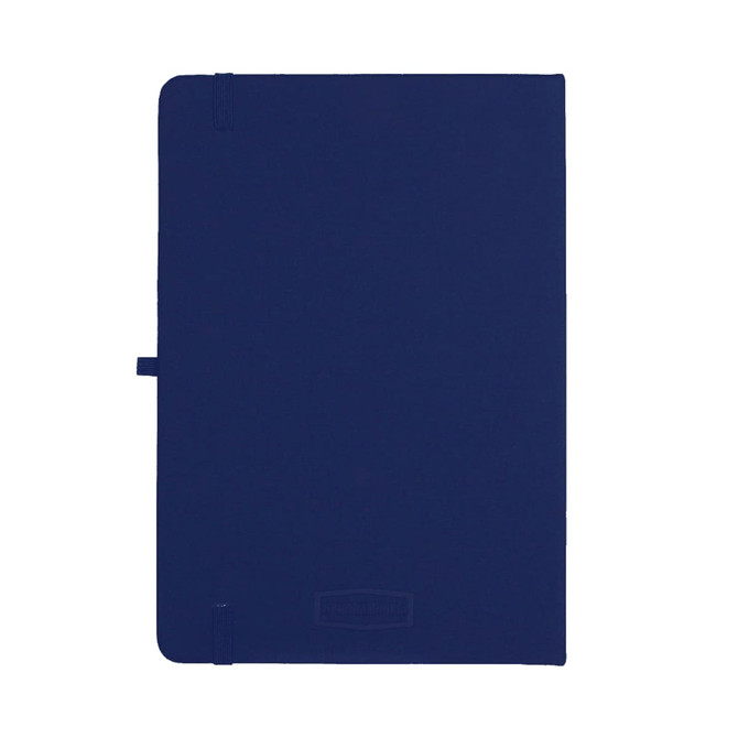 A navy blue A5 journal with a sleek cover and an elastic closure. It has a logo on the front.