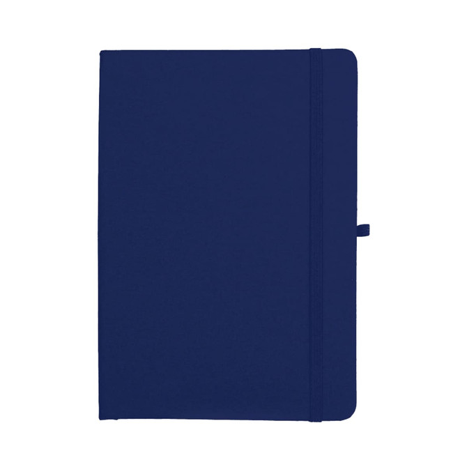 A navy A5 journal with a textured cover, an elastic closure, and a discreet logo.